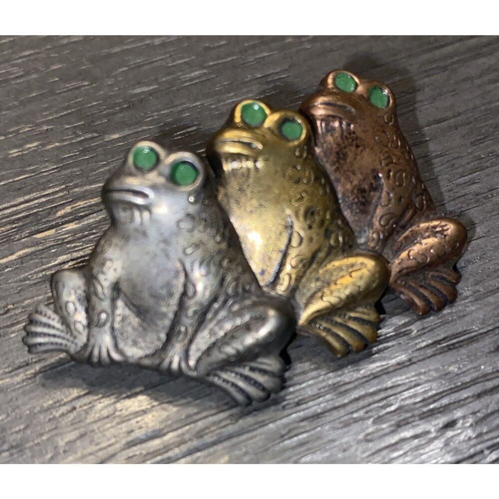 Rare Vintage 3 Frog Mixed Metal Pin Broach Brass Copper Silver Green Eyes